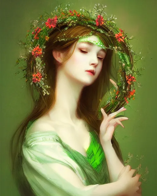 Image similar to the goddess of spring, with a wreath on her head and a green gauze skirt, dreamy, beautiful, by wlop