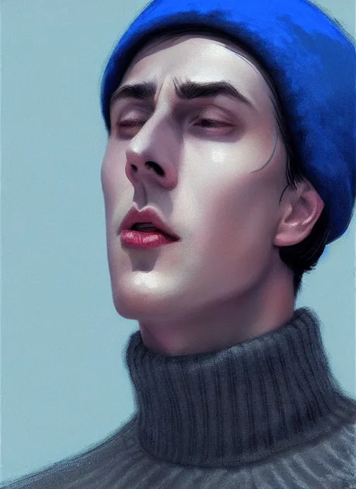 Image similar to portrait of jughead jones, wearing a grey crown, wearing a blue turtleneck sweater, eyes closed, intricate, elegant, glowing lights, highly detailed, digital painting, artstation, concept art, smooth, sharp focus, illustration, art by wlop, mars ravelo and greg rutkowski