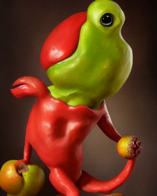 Image similar to a fruit figurine monster, surrealist oil painting, very detailed, 8 k, artstation, cgsociety