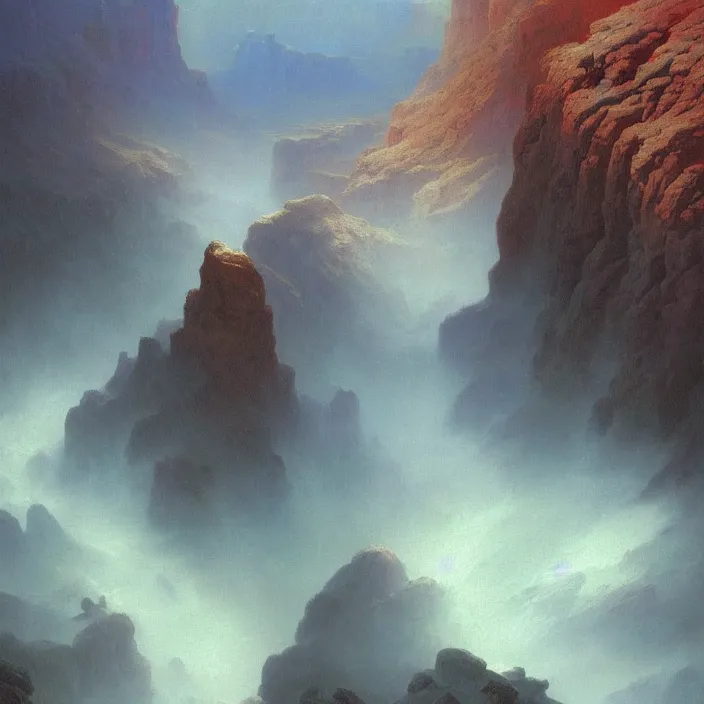 Image similar to a beautiful painting of a grand canyon by ivan aivazovsky and zdzisław beksinski and rene magritte and greg rutkowski and james gurney, in style of digital art. hyper detailed, sharp focus, soft light. octane render. ray tracing. trending on artstation