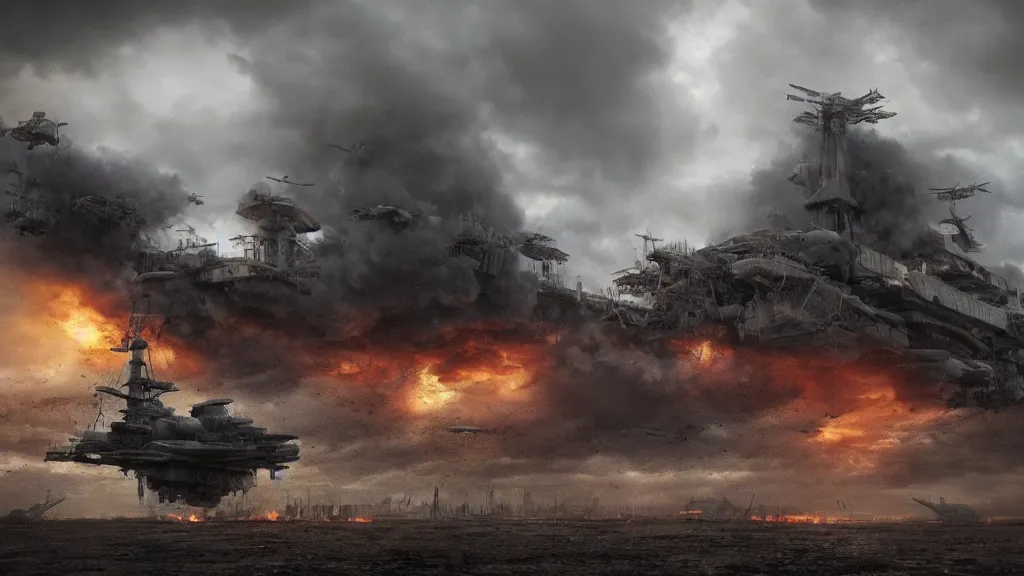 Image similar to an immense steampunk aircraft carrier crashed and burning in a field, thick black smoke billowing, turbulent storm clouds, dystopian, sharp focus, octane render, imax