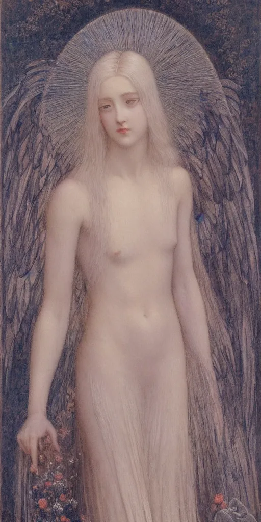 Image similar to Say who is this with silver hair so pale and Wan and thin? Feminine angel in the style of Jean Delville, Lucien Lévy-Dhurmer, Fernand Keller, Fernand Khnopff, oil on canvas, 1896, 4K resolution, aesthetic, mystery