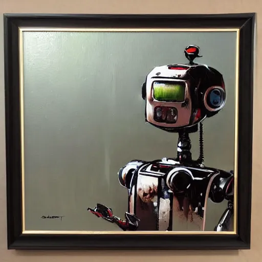 Image similar to oil painting of a robot with decals by ashley wood