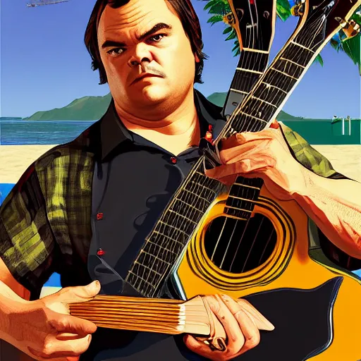 Prompt: jack black portrait with a guitar in gta v cover art, hyper realistic, highly detailed