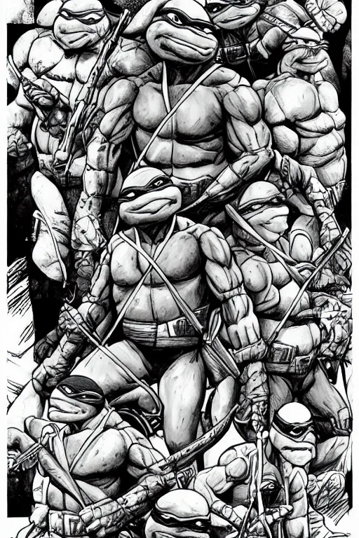 Prompt: jodeci as the teenage mutant ninja turtles, full body, pen an ink, comic books style, very detailed, by eric talbot, artstation, pinterest