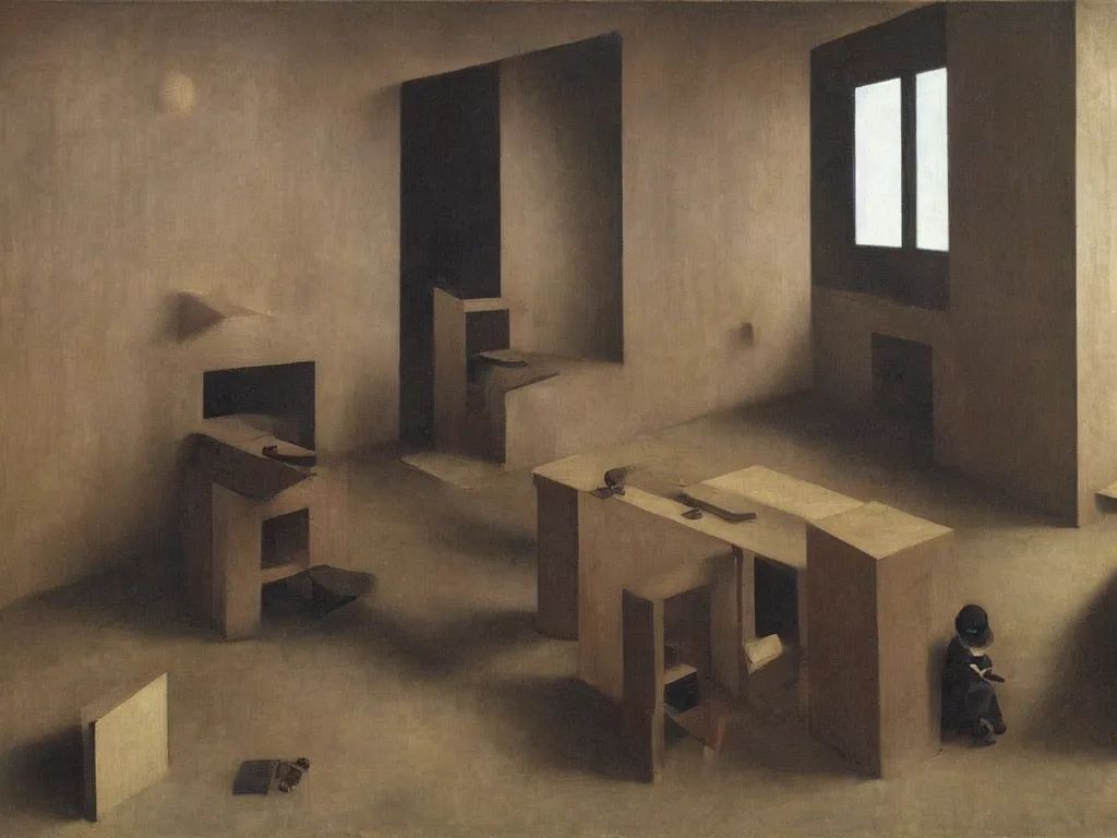 Prompt: Brutalist interior of an crazy imaginative sculptor studio. Painting by Vilhelm Hammershoi, Rene Magritte, Caravaggio