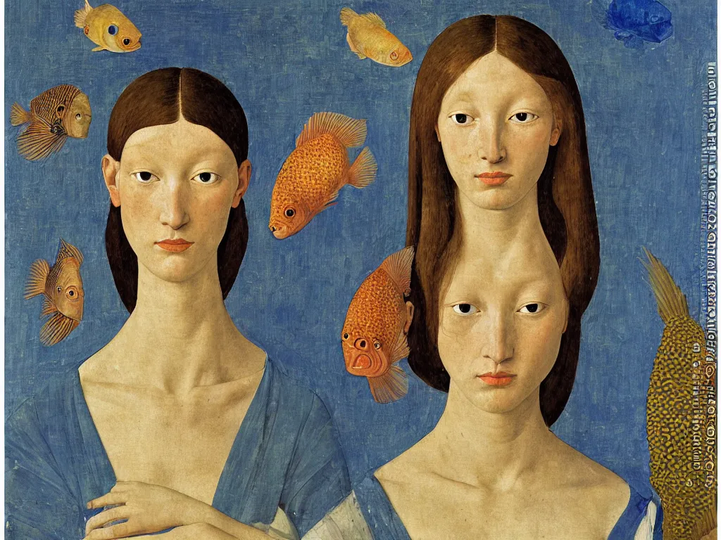 Image similar to portrait of a woman head with exotic flowerhorn cichlid fish. lapis lazuli. painting by piero della francesca, balthus, agnes pelton