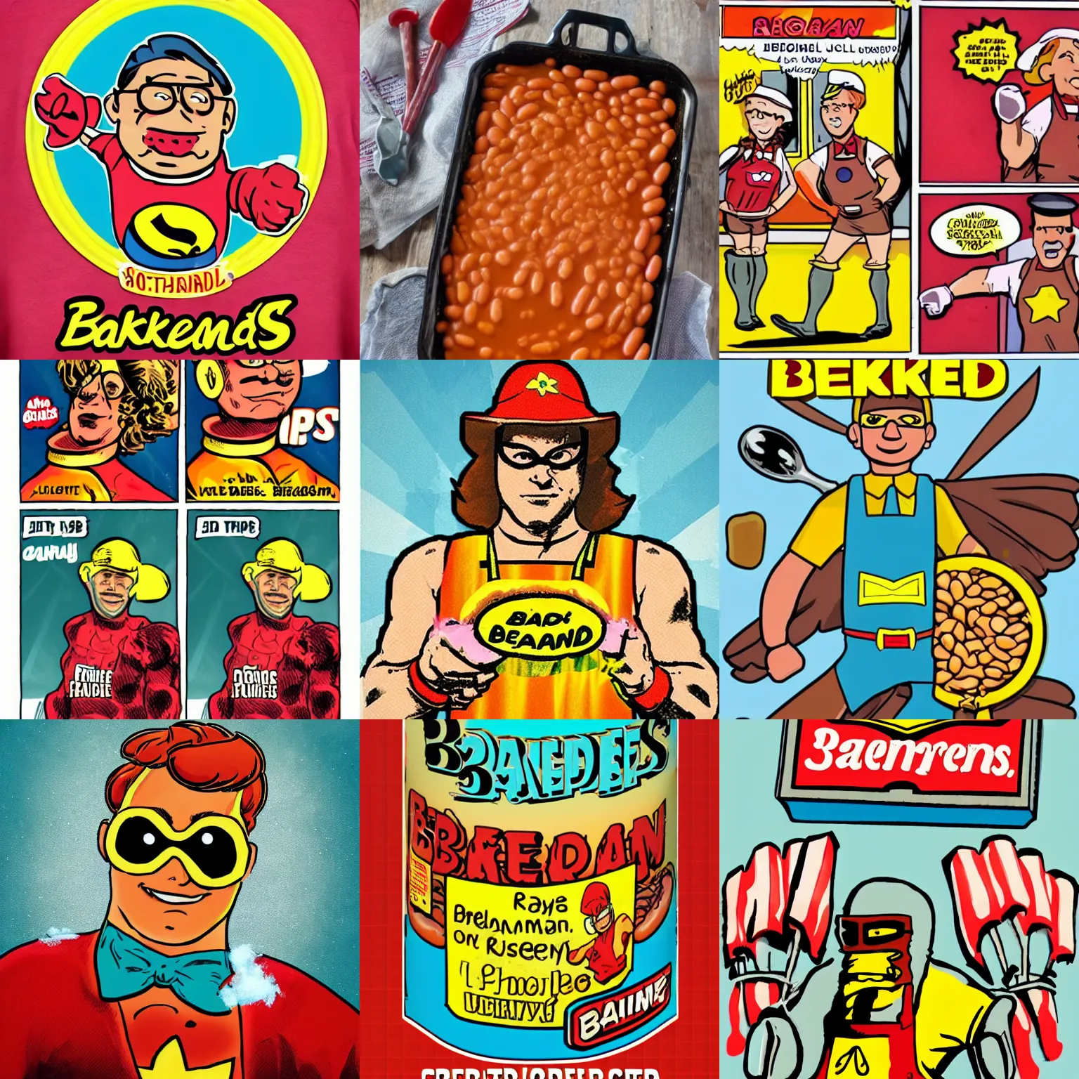 Prompt: baked beans themed superhero