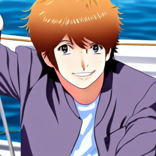 Prompt: anime illustration of young Paul McCartney from the Beatles, wearing a blue check shirt, long sideburns, on a yacht at sea, smiling at camera, ufotable