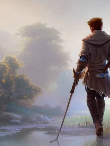 Prompt: a youthful handsome man holding a staff, walking in a rural area. intricate, elegant, highly detailed, digital painting, artstation, concept art, sharp focus, illustration, by justin gerard and artgerm, 8 k