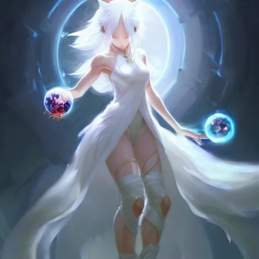 Image similar to a woman in a white dress holding a glowing ball | with nine white fox tails | a detailed painting by ross tran | wlop!!!!!!!!!!!!!!! and stanley artgerm lau | featured on deviantart | fantasy art | anime | 2 d game art | official art