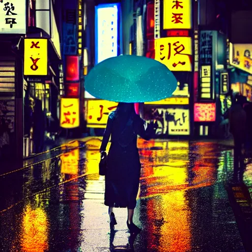 Prompt: a woman holding an umbrella, walking down the streets of tokyo, with neon signs, while it's raining. cinematic lighting, digital art. award winning