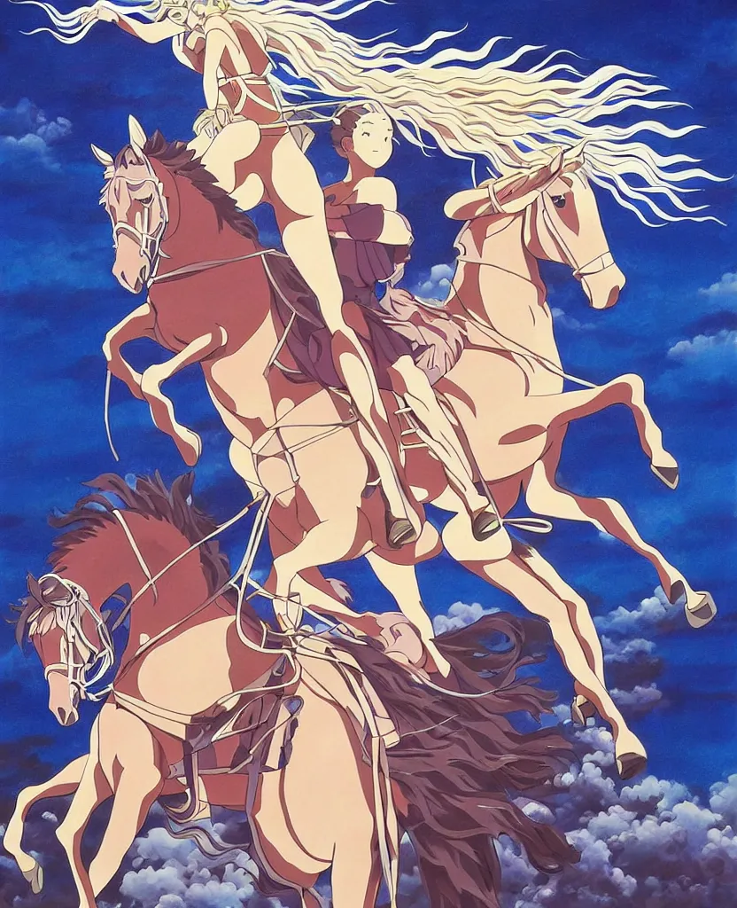 Image similar to beautiful painting from the anime film by studio ghibli, Beyoncé in a crystal outfit riding a diamond horse, painting by MC Escher, trending on artstation