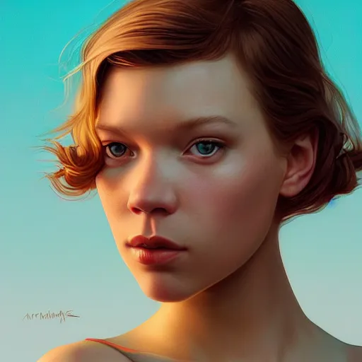 Prompt: a beautiful scenic painting of a beautiful young girl that looks like lea seydoux by artgerm and wlop and wes anderson and spike jonze