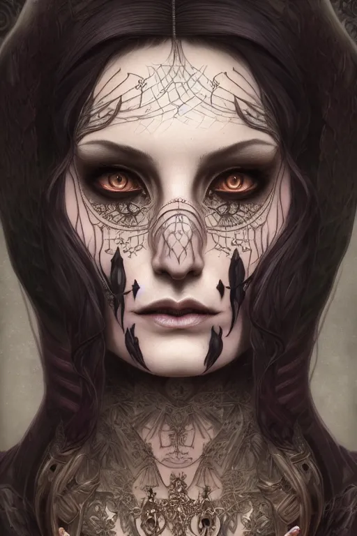 Image similar to portrait of a satanic witch, tattooed face, upper body, decorated, intricate, elegant, highly detailed, digital painting, artstation, concept art, smooth, sharp focus, illustration, art by artgerm and greg rutkowski and alphonse mucha, 8 k