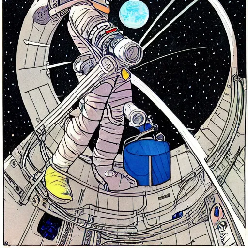 Image similar to astronaut girl fixing the spaceship by milo manara