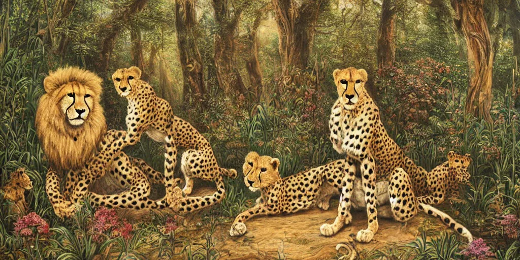 Prompt: cheetah and lion in front of birthday table in fairytale forest , huge scale, high detail, intricate by Jonathan Bentley