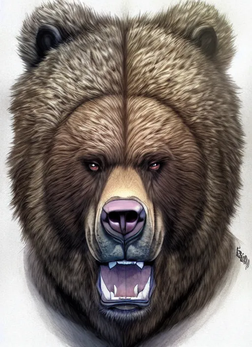 Image similar to award winning beautiful portrait commission art of a muscular male furry anthro grizzly bear fursona with a cute beautiful attractive detailed furry face wearing gym shorts and a tanktop. Character design by charlie bowater, ross tran, artgerm, and makoto shinkai, detailed, inked, western comic book art