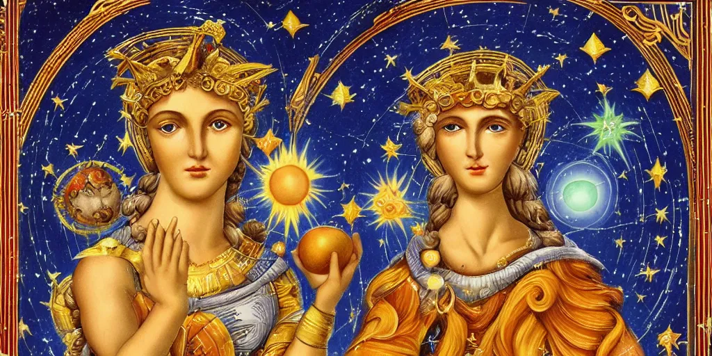 Prompt: majestic neorococo sistina saint Woman Venus godness Athena beautiful gracious pagans marble and gold in space stars clouds suns greeks, coerent face and body, fruits, bioluminescent skin