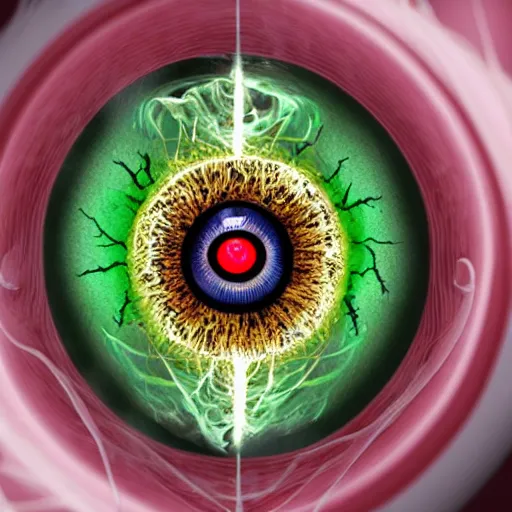 Image similar to a single eye ball connected to a broken skull by connective tissue and ligaments