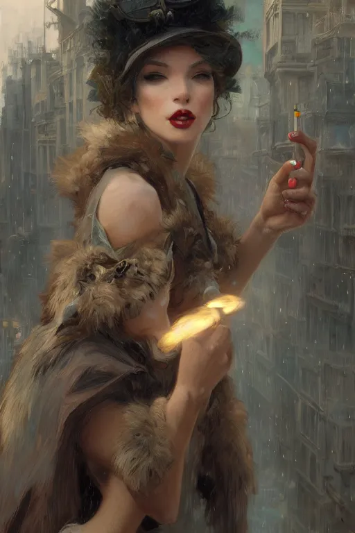 Image similar to beautiful portrait of an attractive white female anthro wolf smoking a cigarette in a bustling crowd of a rainy city street, steampunk, female fursona, 4 k, trending on artstation, by gaston bussiere, craig mullins, artgerm, greg rutkowski, alphonse mucha