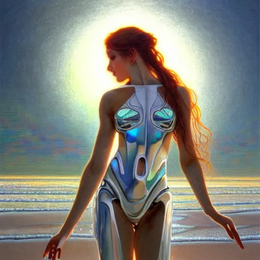 Image similar to organic cyborg dancer, white holographic plastic, shoreline, beach, sunset, fantasy, intricate, elegant, highly detailed, lifelike, photorealistic, digital painting, artstation, illustration, smooth, sharp focus, art by john collier and albert aublet and krenz cushart and artem demura and alphonse mucha