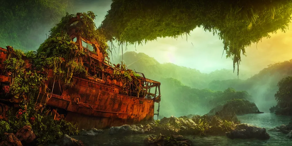 Image similar to a rusty shipwreck in a prehistoric jungle, lush flora, waterfall, towering mountains, flowers, vines, sunset, hazy, volumetric lighting, rtx on, washed out dark colors, an award - winning digital render, beautiful, stunning, ultradetailed, great composition