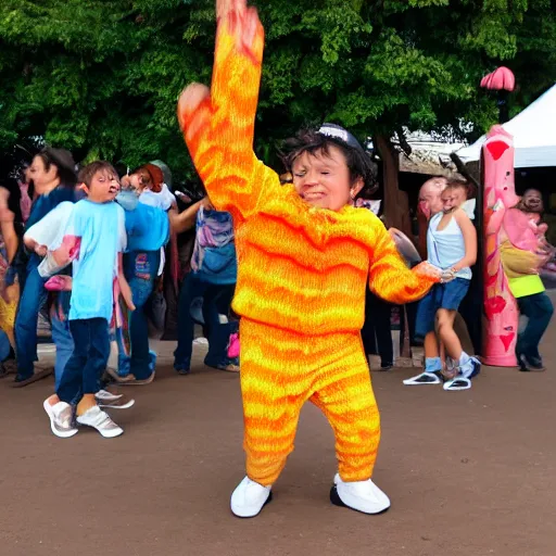 Prompt: a churro dancing away from a chubby kid that's trying to eat it at a carnival