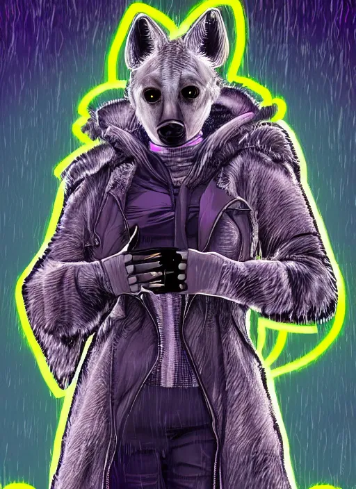 Image similar to digital drawing of anthromorphic hyena female drawn in cell shaded, fursona, furry fandom, neon rainy cyberpunk setting, anthro, wearing cyberpunk 2 0 7 7 jacket, detailed face,