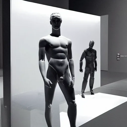 Image similar to “ a realistic detailed photo of a guy who is an attractive humanoid who is half robot and half humanoid, who is a male android, actor liam hemsworth, shiny skin, posing like a statue, blank stare, at the museum, on display ”