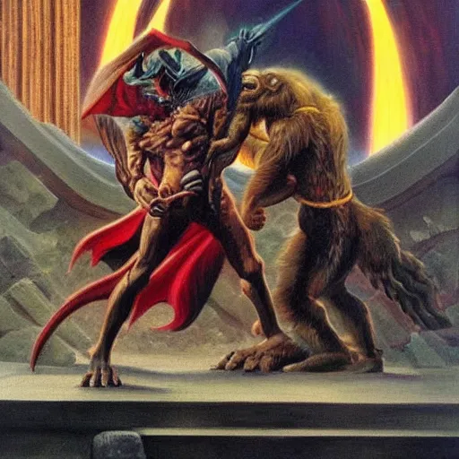 Image similar to pepe and ape in melee combat with Sauron on steps of Barad Dur, painting by Boris Vallejo