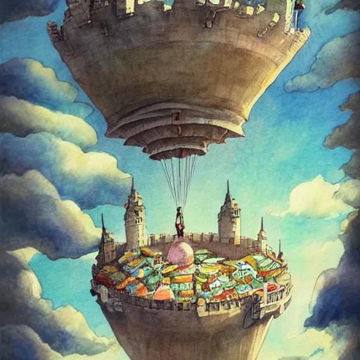 Prompt: laputa castle in the sky hayao miyazaki flying high in the sky, watercolor illustration for a book