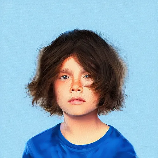 Prompt: portrait of a boy with long fluffy brown hair. blue background. large brush strokes, digital art, procreate