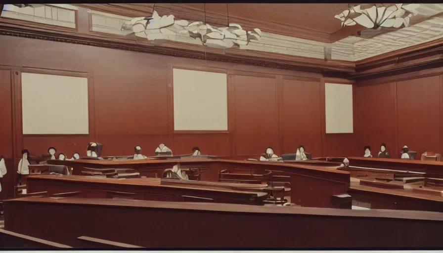 Prompt: full color still of a courtroom of law in the Meiji era Tokyo, 150mm lens by Akira Kurosawa, 1980 cinematography