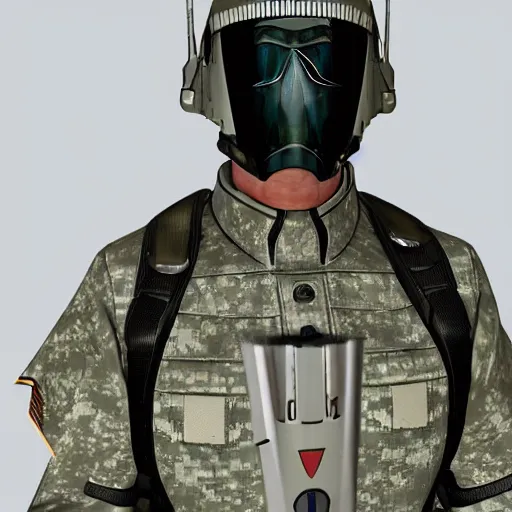 Image similar to a futuristic soldier captain with a metal visor and a blue shoulderpad