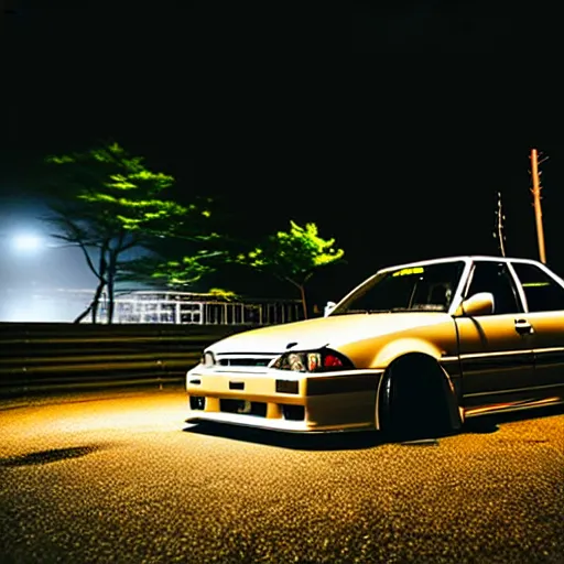 Image similar to a car JZX100 turbo drift at illegal car meet, Gunma prefecture, city midnight mist lights, cinematic color, photorealistic, highly detailed wheels, 200MM