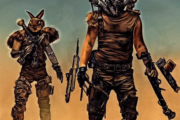 Image similar to a good ol'jackrabbit fursona ( from the furry fandom ), heavily armed and armored facing down armageddon in a dark and gritty version from the makers of mad max : fury road. witness me.