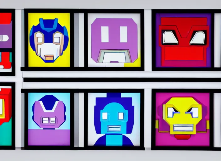 Image similar to 3 rows of 3 framed closeup colorful 3 d - rendered face portraits of cute evil robots from mega man, with a futuristic mechanical background.