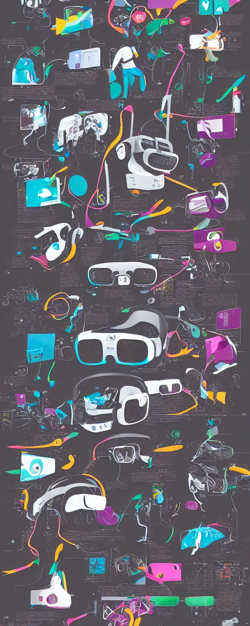 Prompt: magazine illustrations, full page of vr glasses, ar glasses, motion capture system