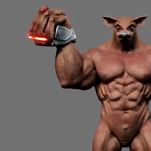 Prompt: boar - man hybrid, body builder body, furry body, hyper detailed, digital art, trending in artstation, cinematic lighting, studio quality, smooth render, unreal engine 5 rendered, octane rendered, art style by klimt and nixeu and ian sprigger and wlop and krenz cushart