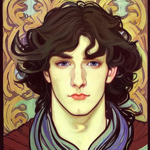 Image similar to portrait painting of young handsome beautiful paladin elf!! man with long! wavy dark hair and blue eyes in his 2 0 s named taehyung minjun james, pale, wearing armor!, gorgeous hair, elf ears, icy eyes, elegant, cute, delicate, soft facial features, art by alphonse mucha, vincent van gogh, egon schiele,