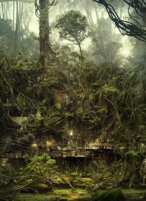 Image similar to decayed aircraft carrier USS Nimitz laying on the ground overgrown with vegetation and hanging vines, post apocalyptic, tropical forest, by Luis Royo, by Greg Rutkowski, dark, gritty, intricate, cover illustration, concept art, volumetric lighting, volumetric atmosphere, sharp focus, octane render, trending on artstation, 8k