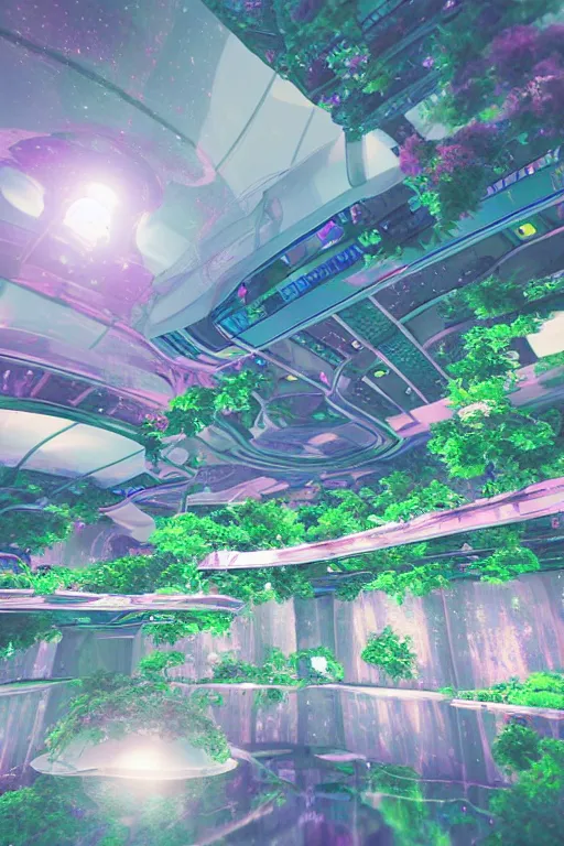 Image similar to multi level botanical garden spaceship floating in space, calm, tranquil, faded effect, detailed, vaporwave colors, render by substance designer