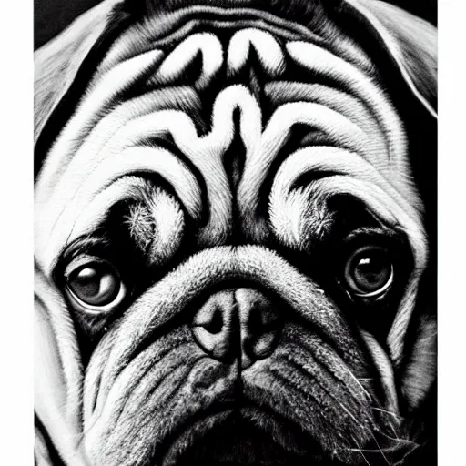 Prompt: a gigachad pug, black and white, intricate, masterpiece, stunning, oil painting