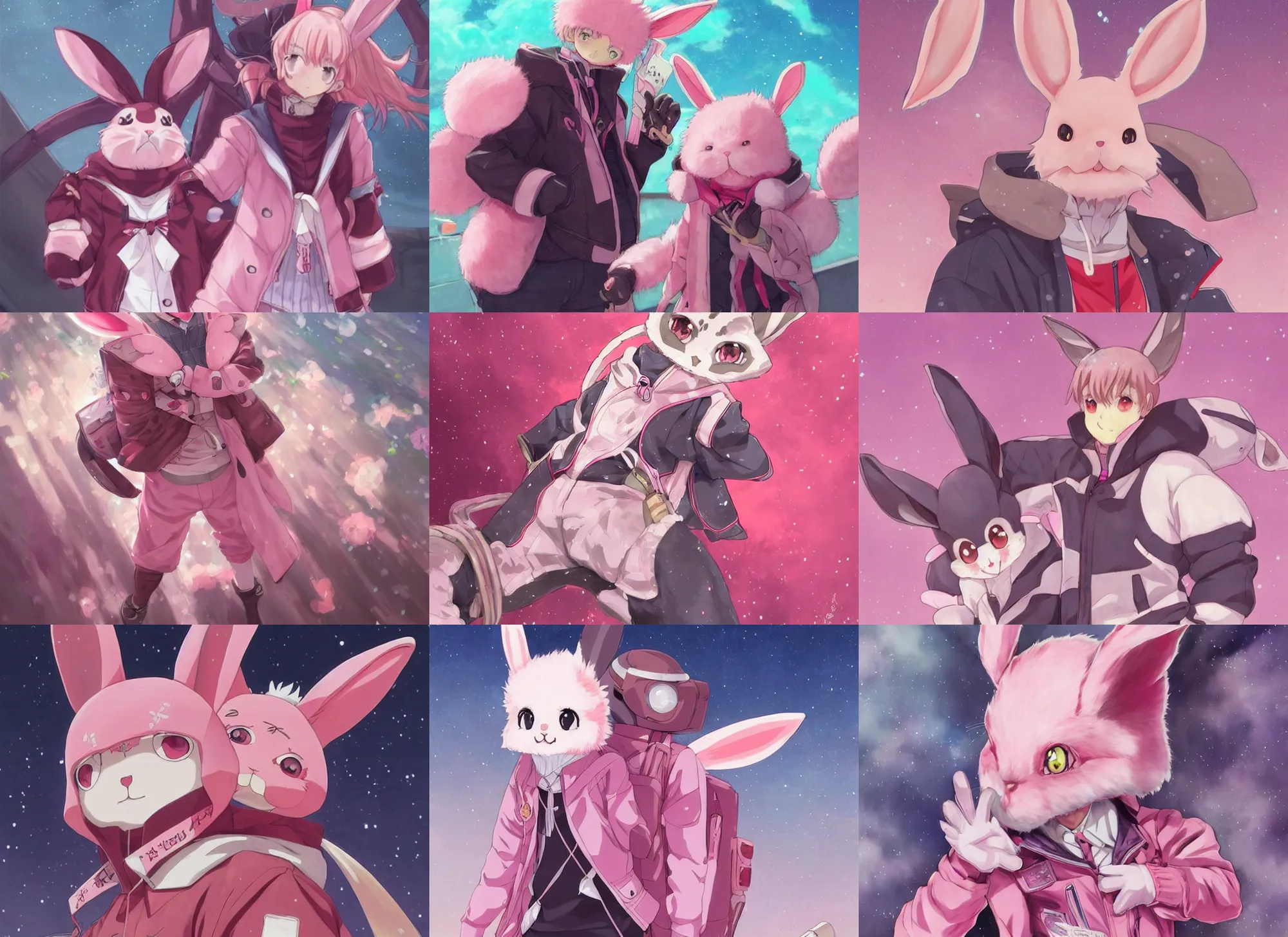 Image similar to official artwork of an anime pink rabbit wearing a letterman jacket, by Krenz Cushart, detailed art, many stars in the night sky, pink iconic character, 獣, yokai, wallpaper, bunny, large ears, male character, aesthetic, helmet, motorbiker, rabbit, rabbit shaped helmet