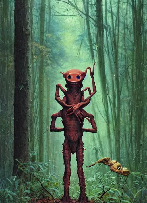 Image similar to cuddly friendly alien in the woods by a river gorgeous lighting, lush forest foliage blue sky a hyper realistic painting by chiara bautista and beksinski and norman rockwell and greg rutkowski, weta studio, and lucasfilm