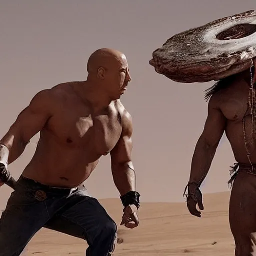 Prompt: candid photo of Vin Diesel as a witchdoctor on Mars fighting valiantly against Elon Musk by Annie Leibowitz, photorealisitc, extremely detailed