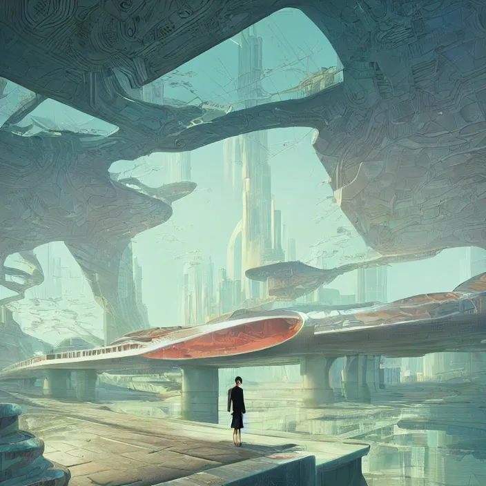 Image similar to maggie cheung, science fiction, extremely detailed, sharp focus, pastel colors, intricate, hard light, illustration, volumetric lighting, digital painting, by roger dean, by santiago calatrava, by simon stalenhag