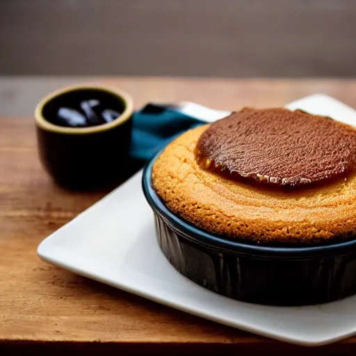 Image similar to a caramel toffee soufflé, cooked by a professional chef named santonio