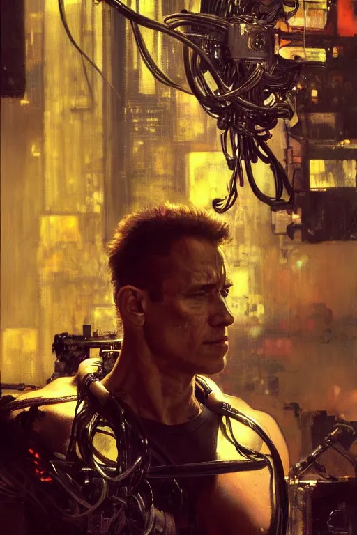 Image similar to hyperrealist portrait of the terminator, it is decorated with wires and monitors in the background. by jeremy mann and alphonse mucha, fantasy art, photo realistic, dynamic lighting, artstation, poster, volumetric lighting, very detailed faces, 4 k, award winning